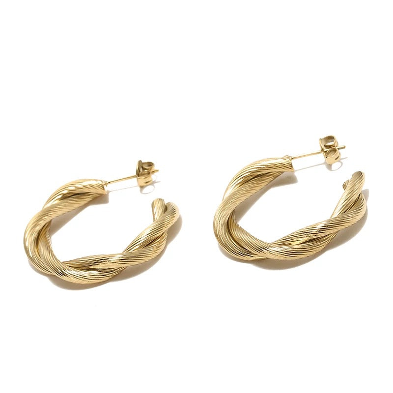 Sedona Twisted Hoop Earrings featuring a textured twisted tube design in gold plating.