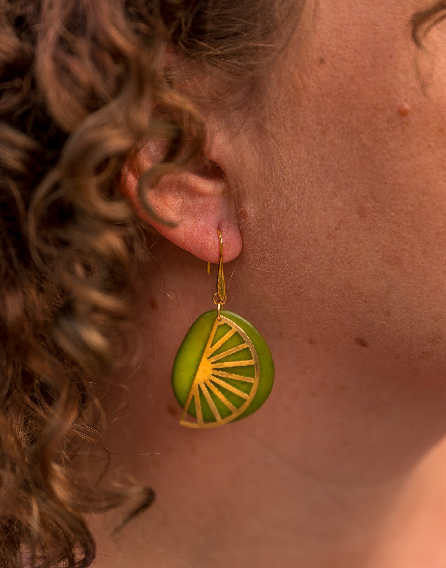 Segment Tagua Earrings featuring vibrant colors and raw brass charm, showcasing eco-friendly design.