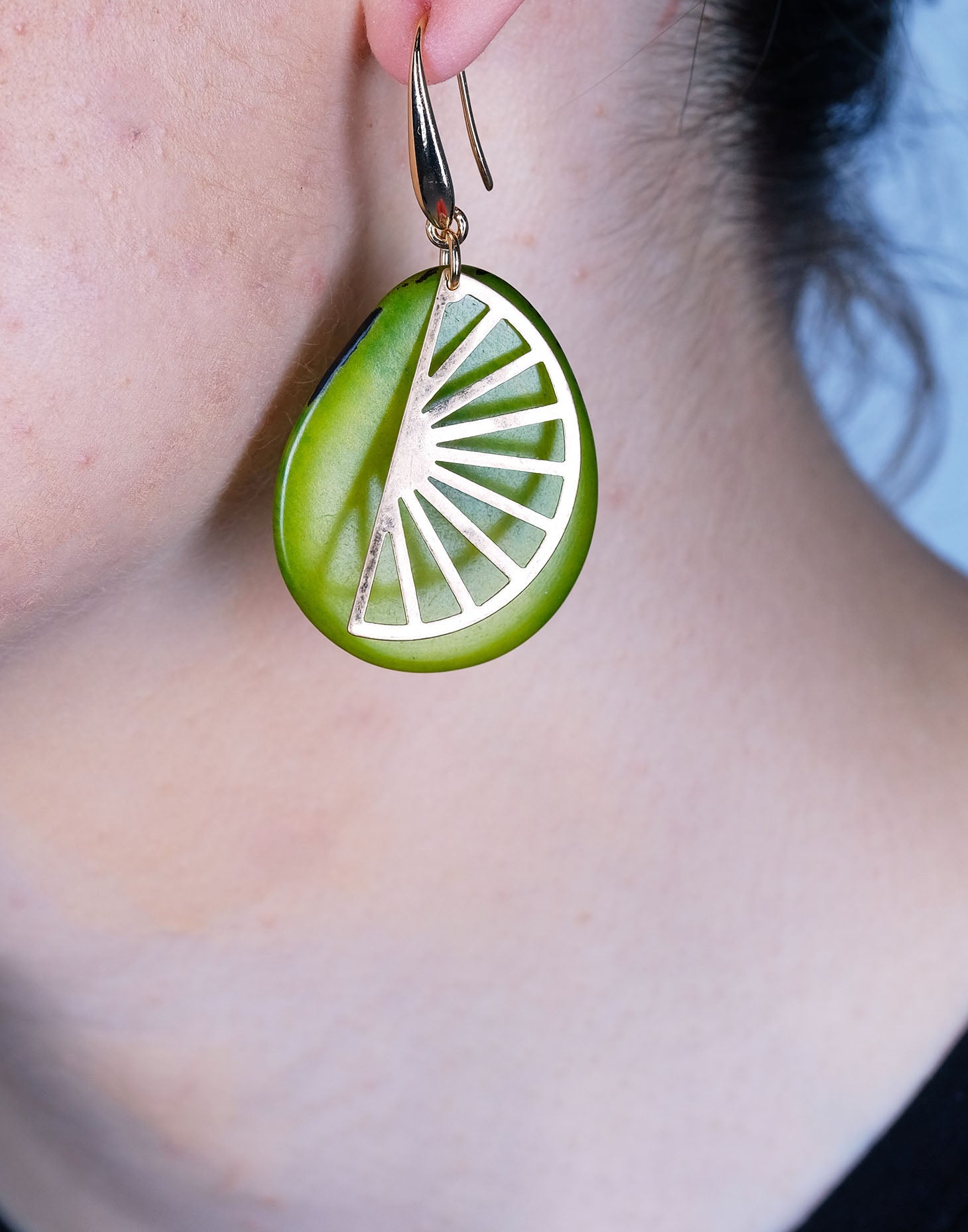 Segment Tagua Earrings featuring vibrant colors and raw brass charm, showcasing eco-friendly design.