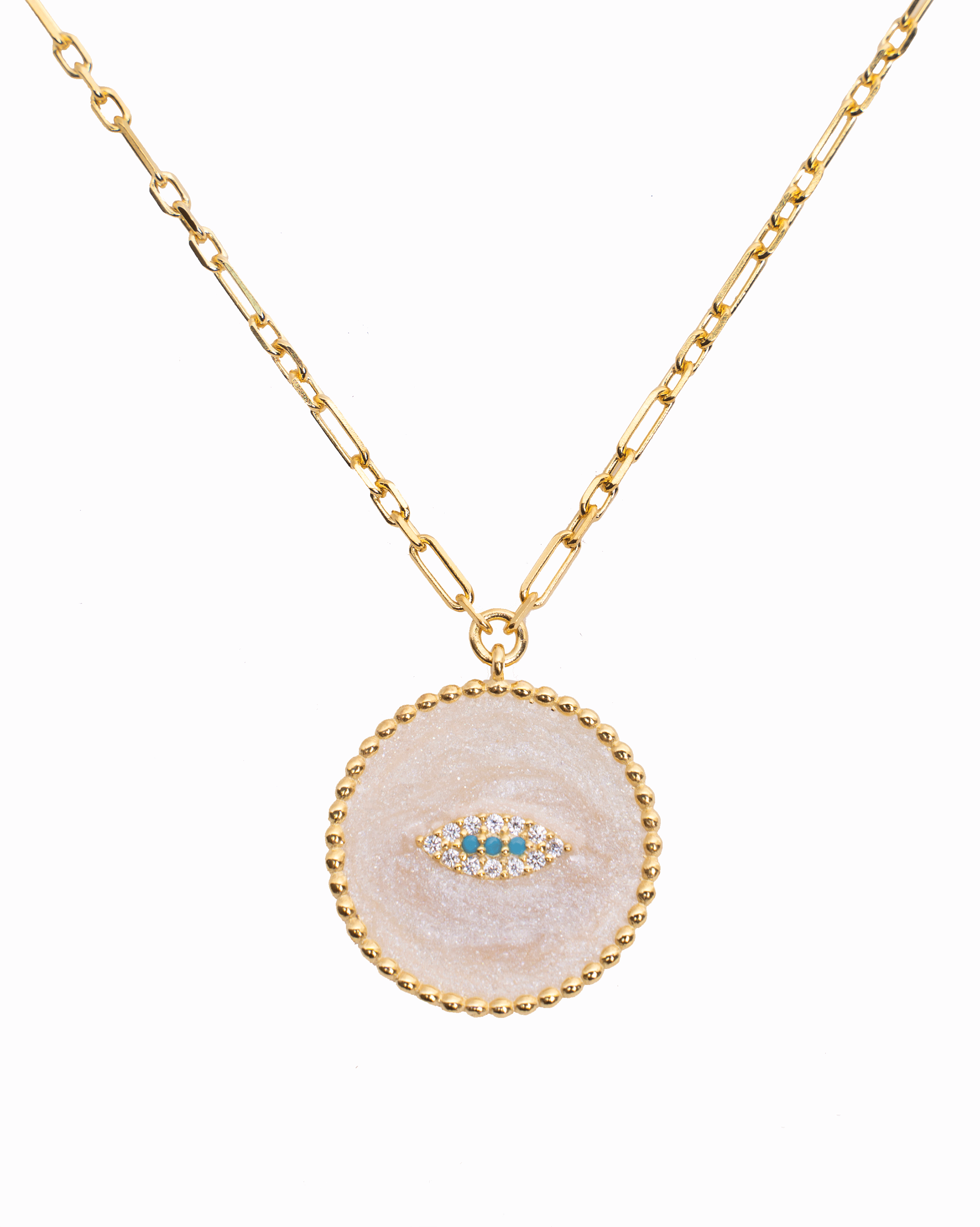 SEHR Necklace featuring an evil eye design with turquoise and cubic zirconia on a gold-plated sterling silver chain.