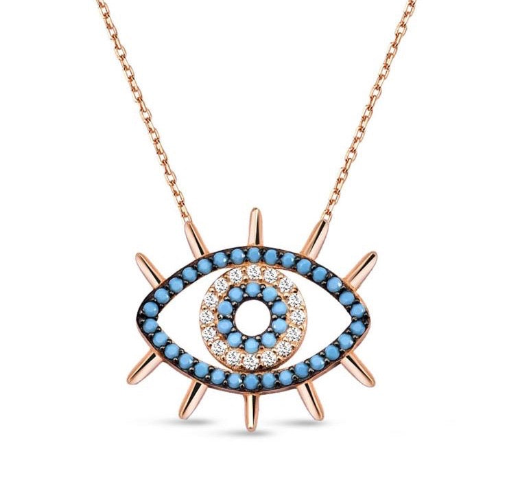 SELVA Necklace featuring an evil eye design with cubic zirconia and turquoise accents, crafted in 925 sterling silver with rose gold plating.