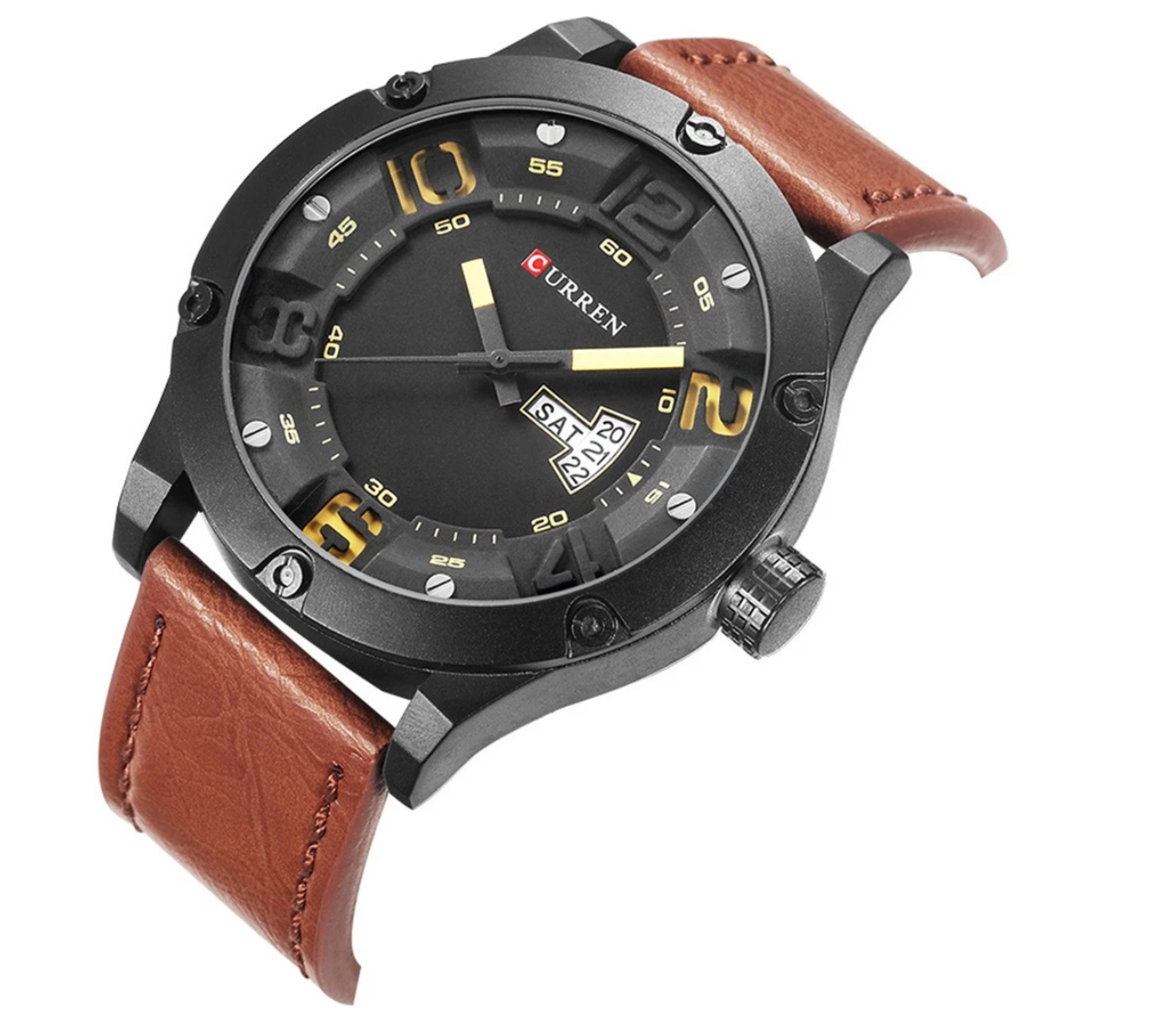 SENSATIONAL Curren Leather watch featuring a black steel cover and yellow accents on the hands, with a stylish leather strap.