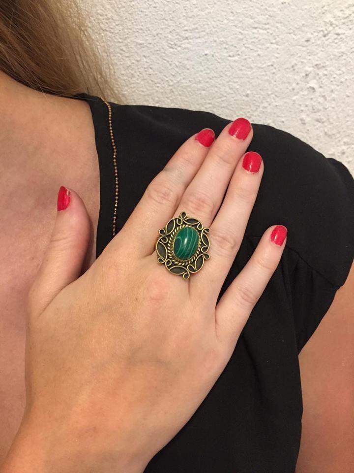 A detailed image of the Sensual Stone Ring featuring a semi-precious stone set in an intricate brass design, showcasing its elegance and craftsmanship.