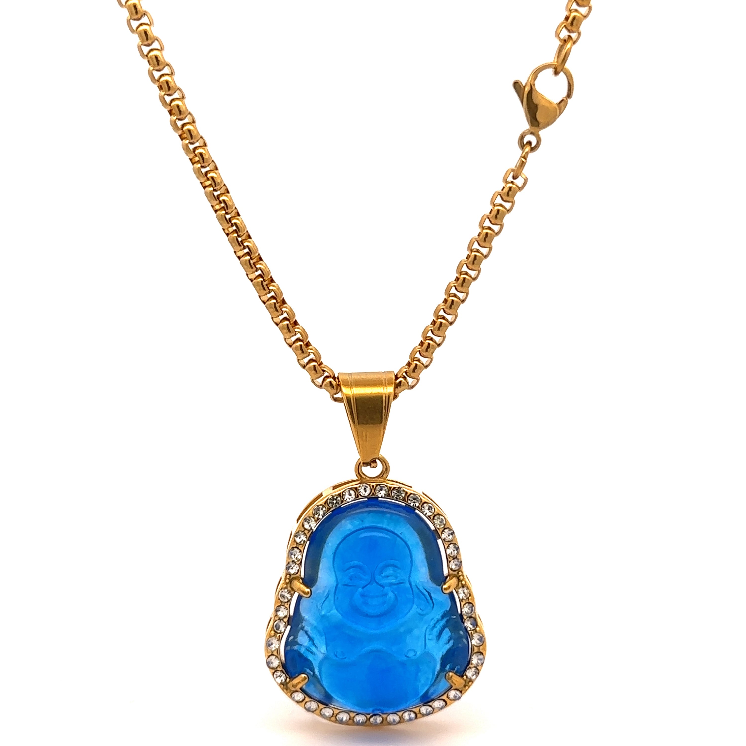 Seraphiel Steel Blue Gold Necklace featuring a lunar-inspired design with durable steel and gold accents.