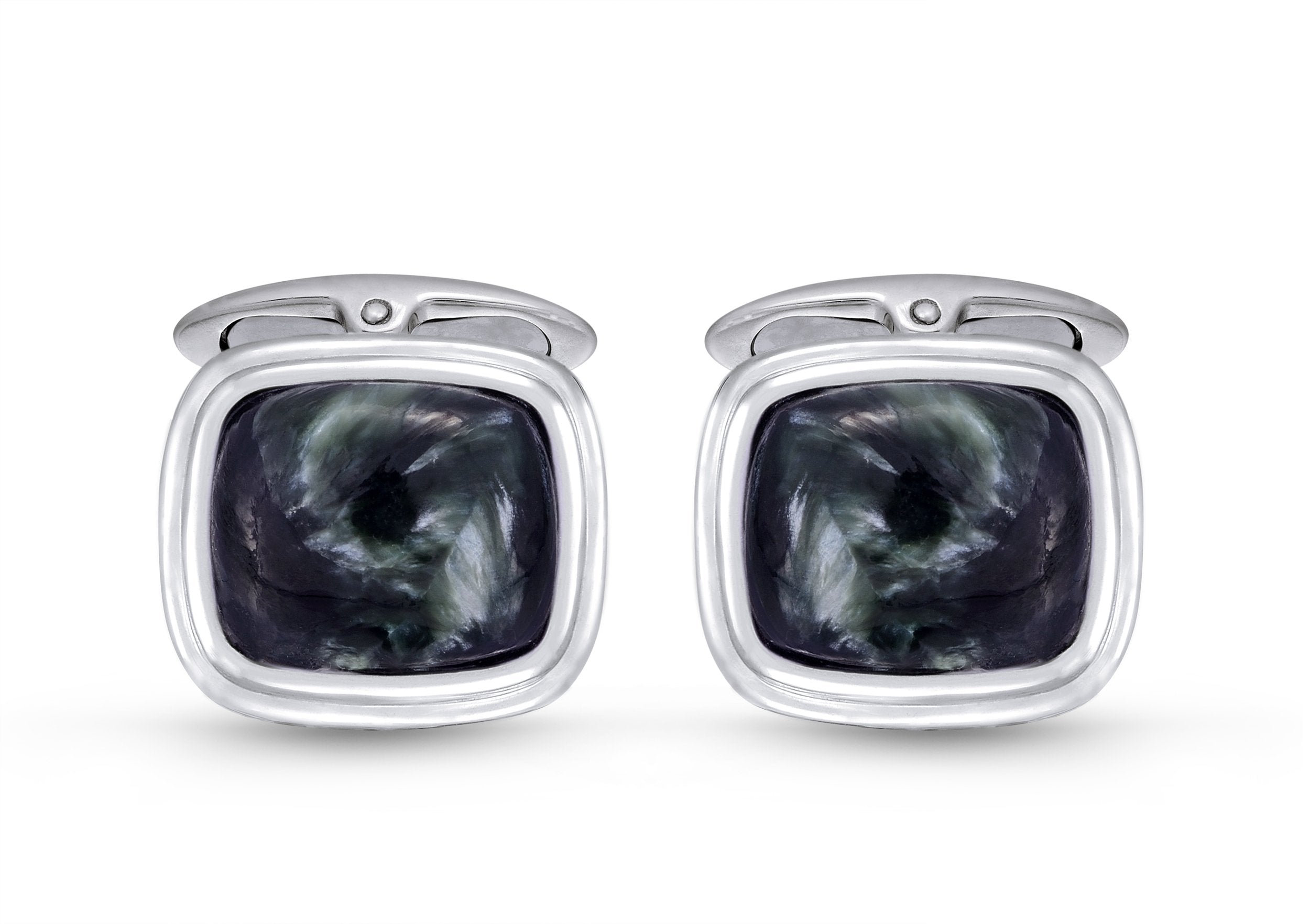 Elegant Seraphinite Stone Cufflinks in Black Rhodium Plated Sterling Silver, showcasing intricate honeycomb designs and deep evergreen stones.