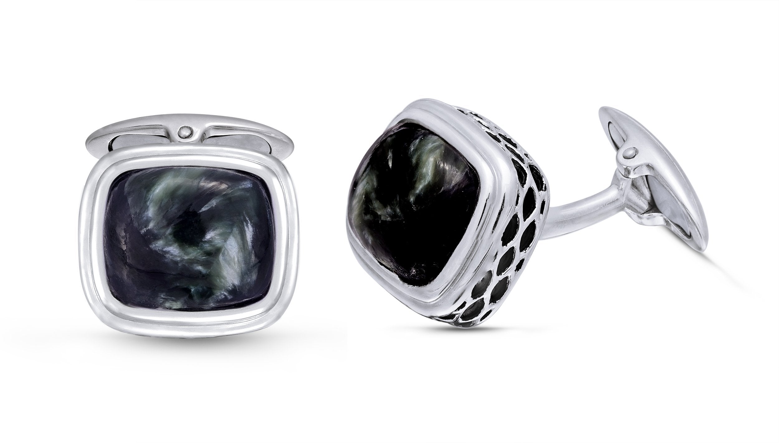 Elegant Seraphinite Stone Cufflinks in Black Rhodium Plated Sterling Silver, showcasing intricate honeycomb designs and deep evergreen stones.