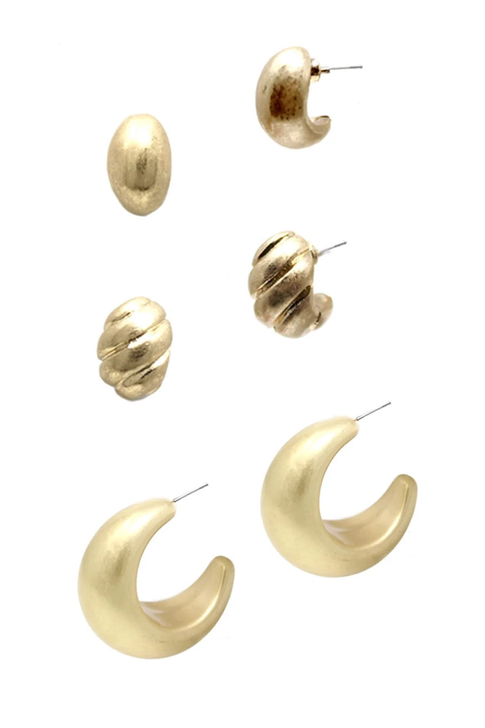 Set of 3 pairs of hoop earrings featuring small classy studs and bold larger hoops, gold plated alloy metal design.