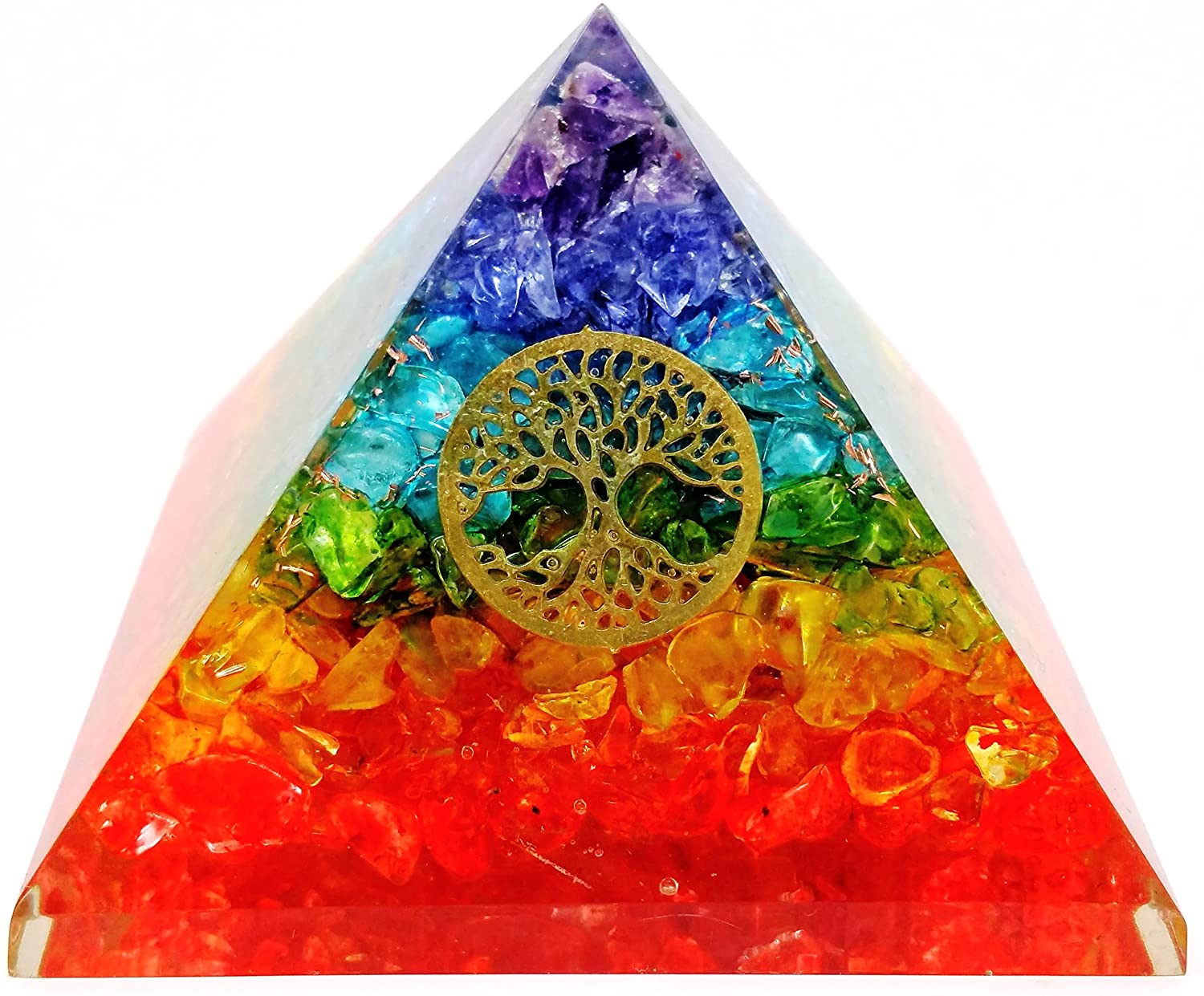 Seven Chakra Orgone Pyramid featuring the Tree of Life symbol, showcasing vibrant colors and intricate design for chakra balancing.