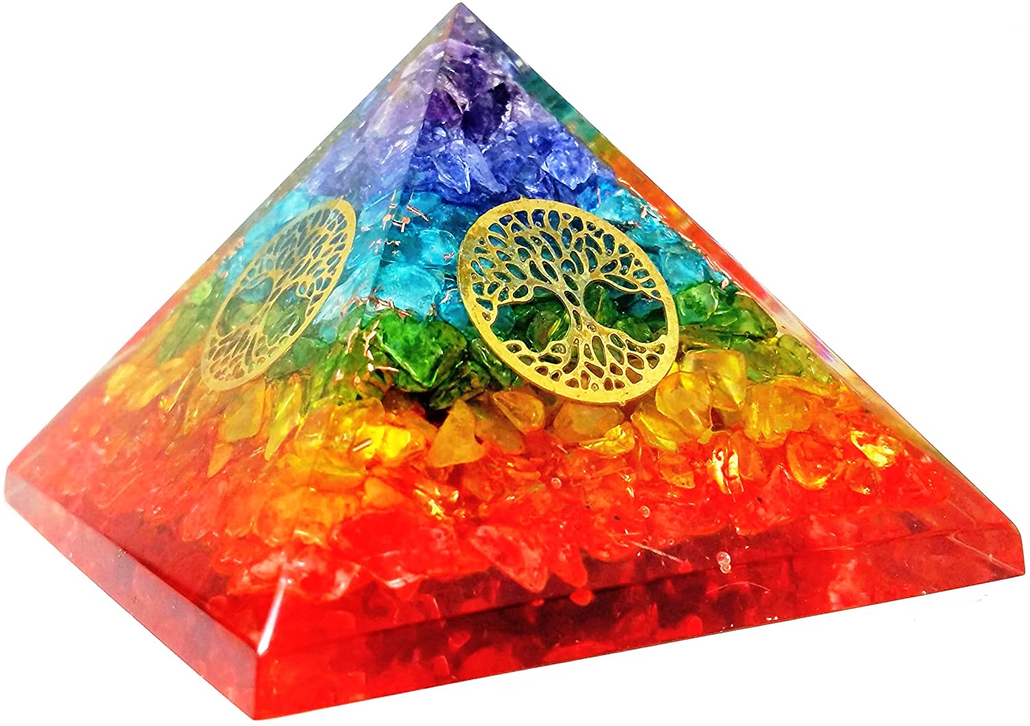 Seven Chakra Orgone Pyramid featuring the Tree of Life symbol, showcasing vibrant colors and intricate design for chakra balancing.