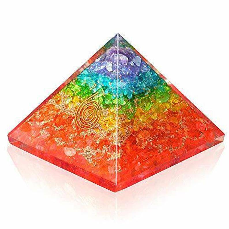 Seven Chakra Orgone Pyramid featuring the Tree of Life symbol, showcasing vibrant colors and intricate design for chakra balancing.