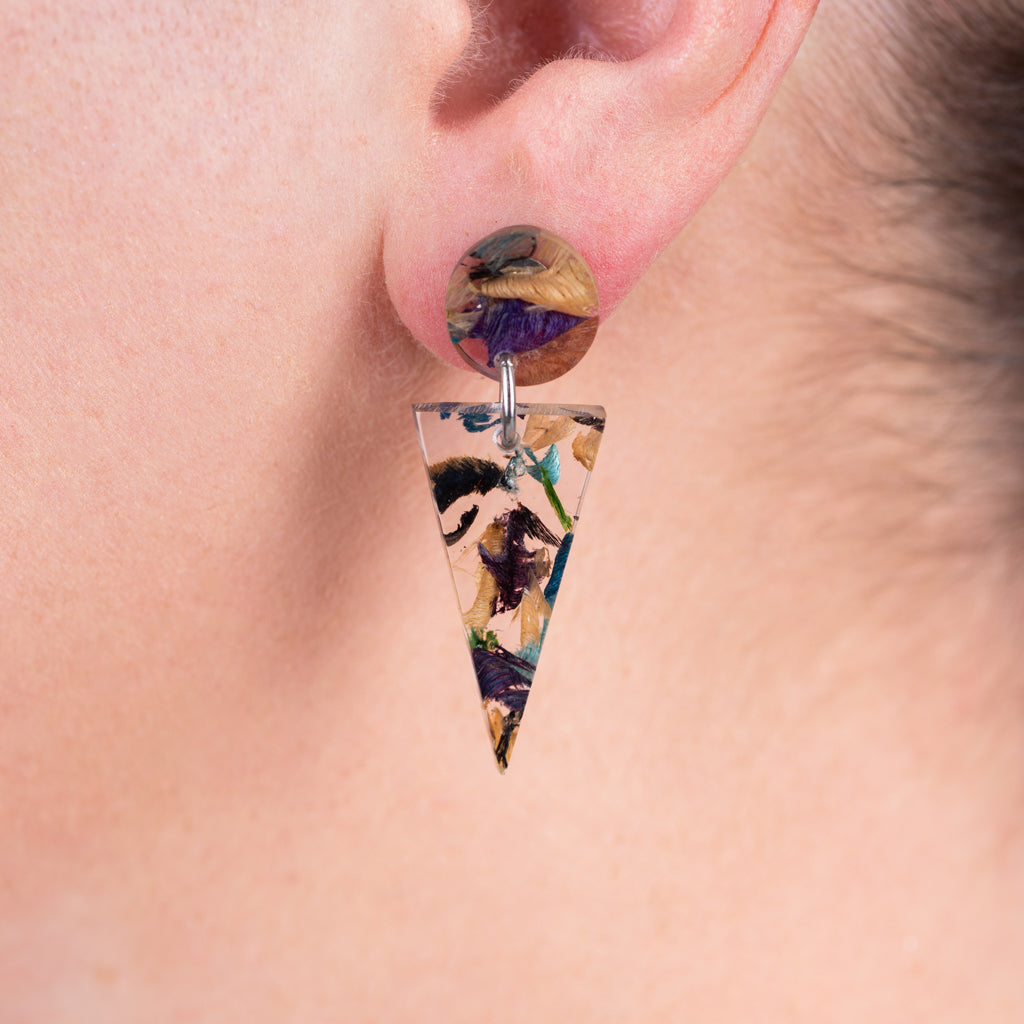 Shari Geometric Statement Resin Earrings made from recycled wood shavings, showcasing vibrant colors and unique patterns.