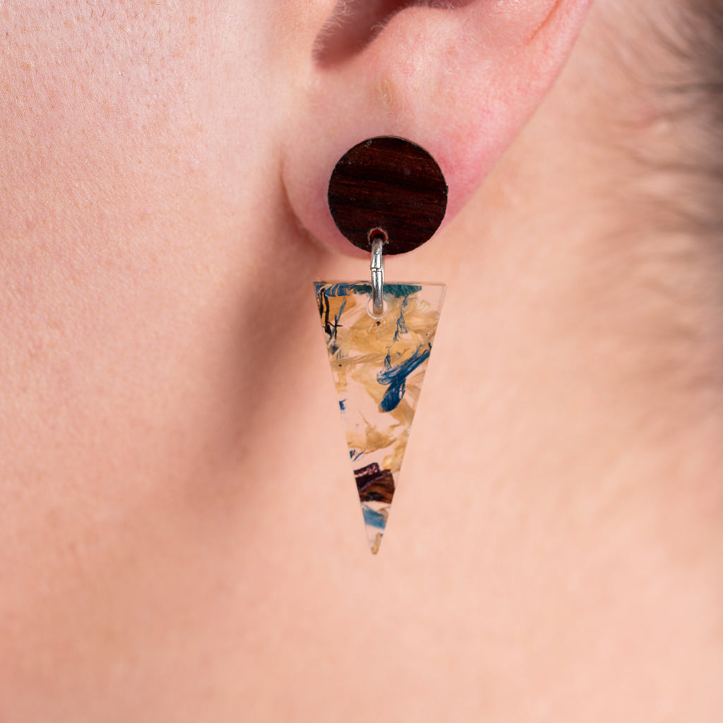 Shari Geometric Statement Resin Earrings made from recycled wood shavings, showcasing vibrant colors and unique patterns.