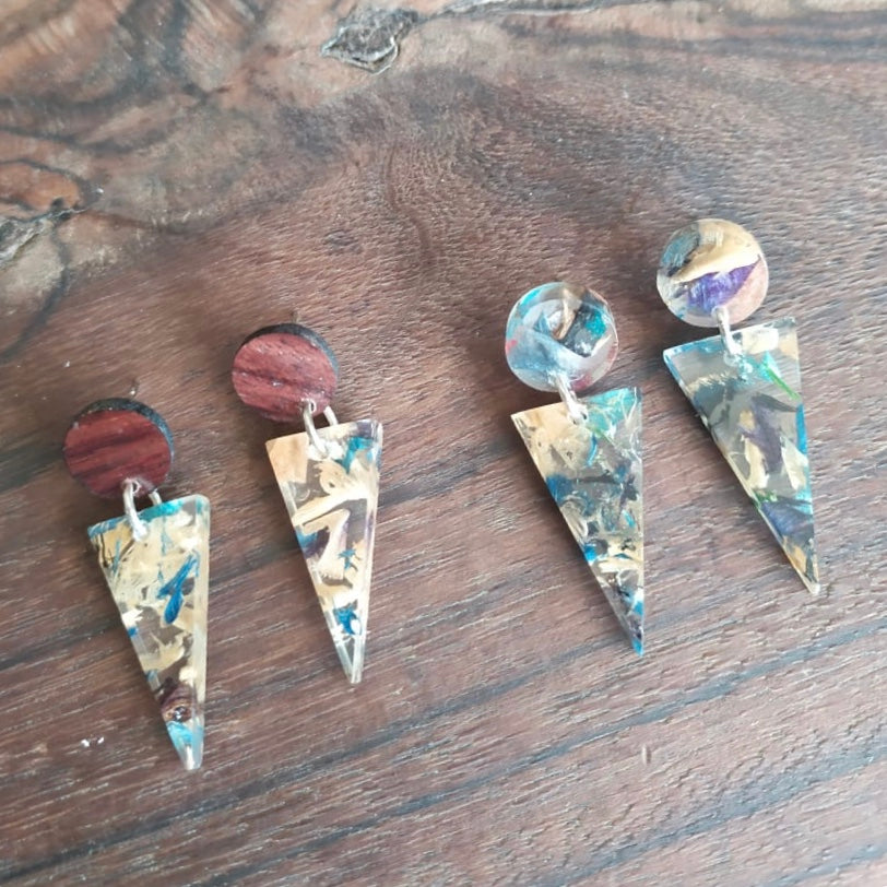 Shari Geometric Statement Resin Earrings made from recycled wood shavings, showcasing vibrant colors and unique patterns.