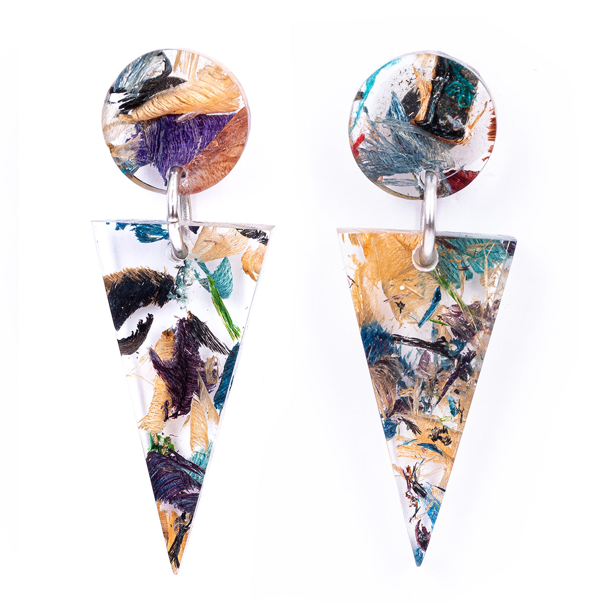 Shari Geometric Statement Resin Earrings made from recycled wood shavings, showcasing vibrant colors and unique patterns.