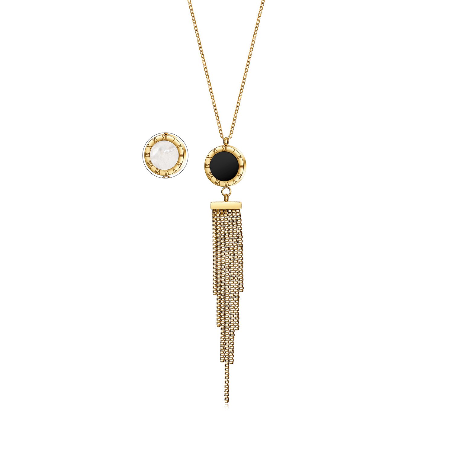 SHELL ACRYLIC TASSEL PENDANT featuring natural shell and black acrylic with 14k gold accents on a delicate chain.