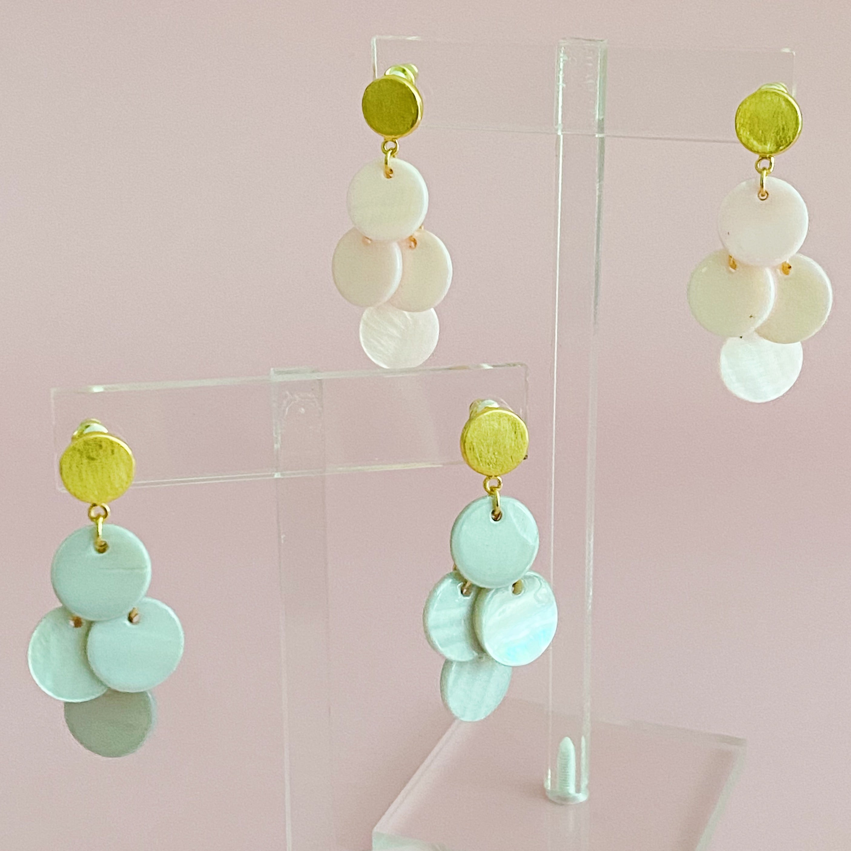 Elegant Shell Disc Chandelier Earring featuring a brushed golden top disc and iridescent shell discs, perfect for any occasion.