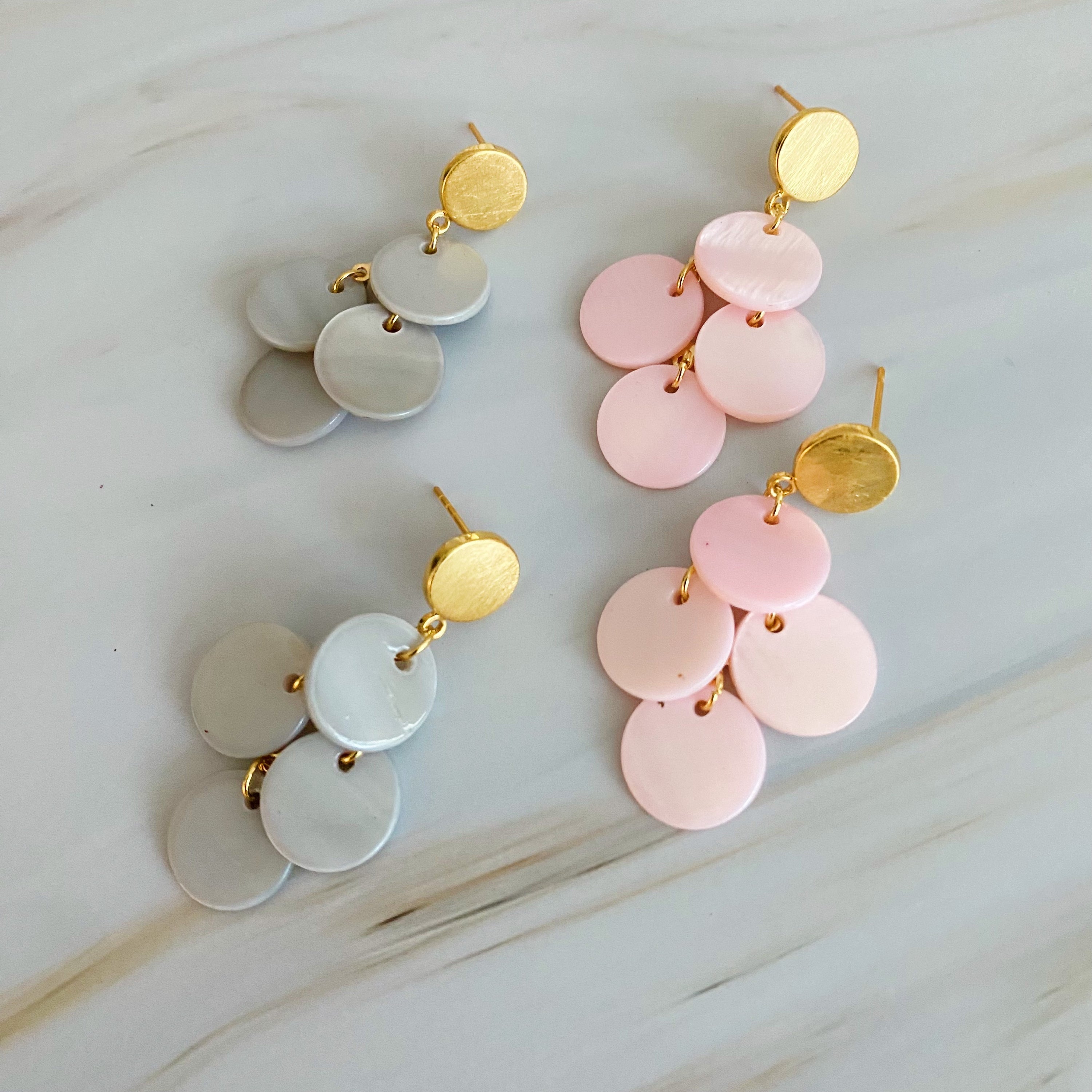 Elegant Shell Disc Chandelier Earring featuring a brushed golden top disc and iridescent shell discs, perfect for any occasion.