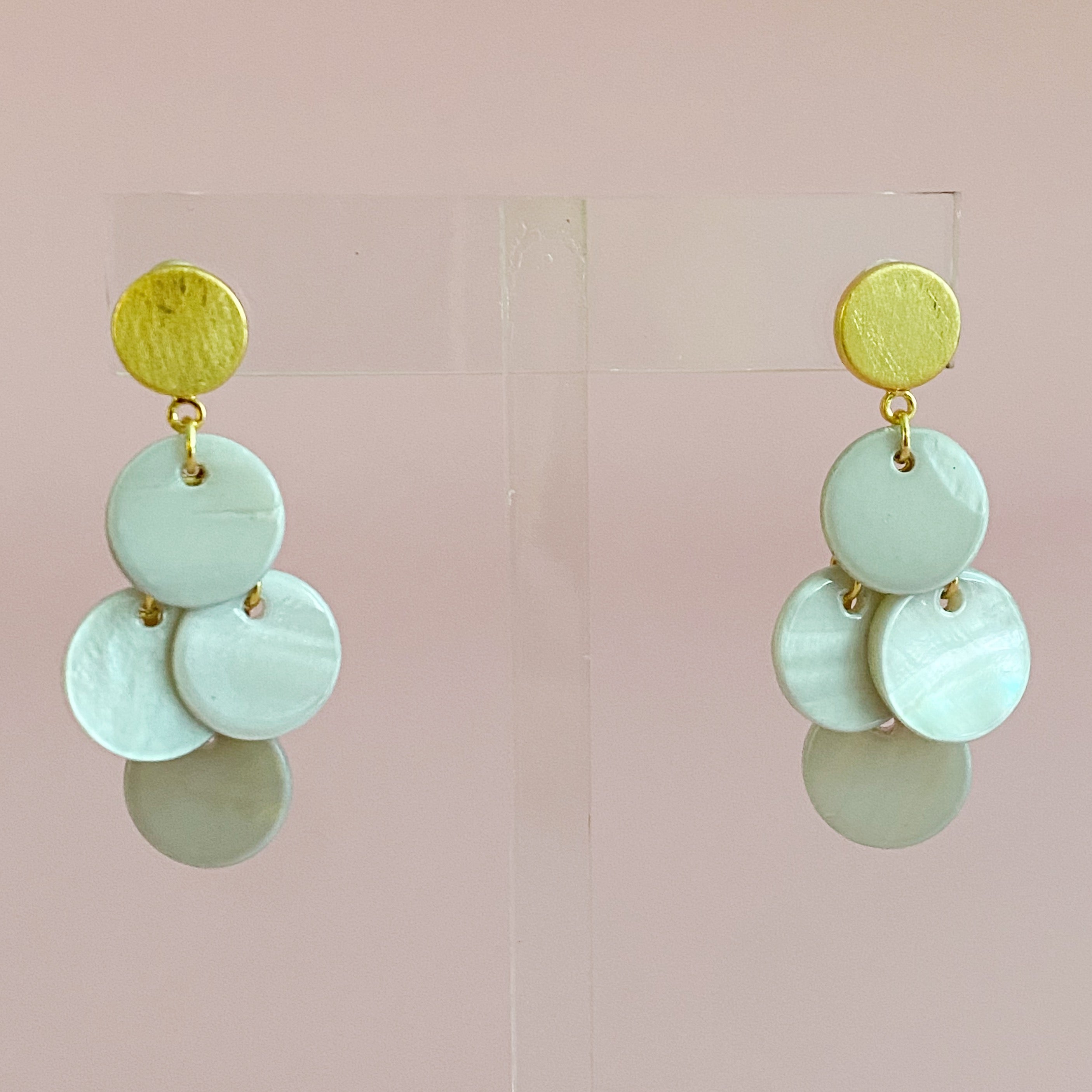 Elegant Shell Disc Chandelier Earring featuring a brushed golden top disc and iridescent shell discs, perfect for any occasion.