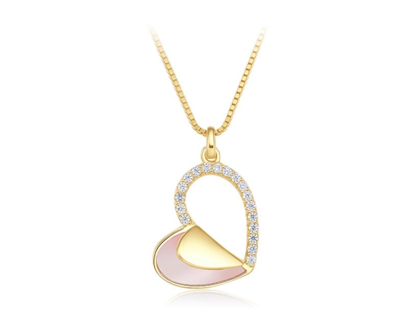 A beautiful shell pearl heart necklace for mothers, crafted from sterling silver with a white gold finish and adorned with a white sapphire stone.