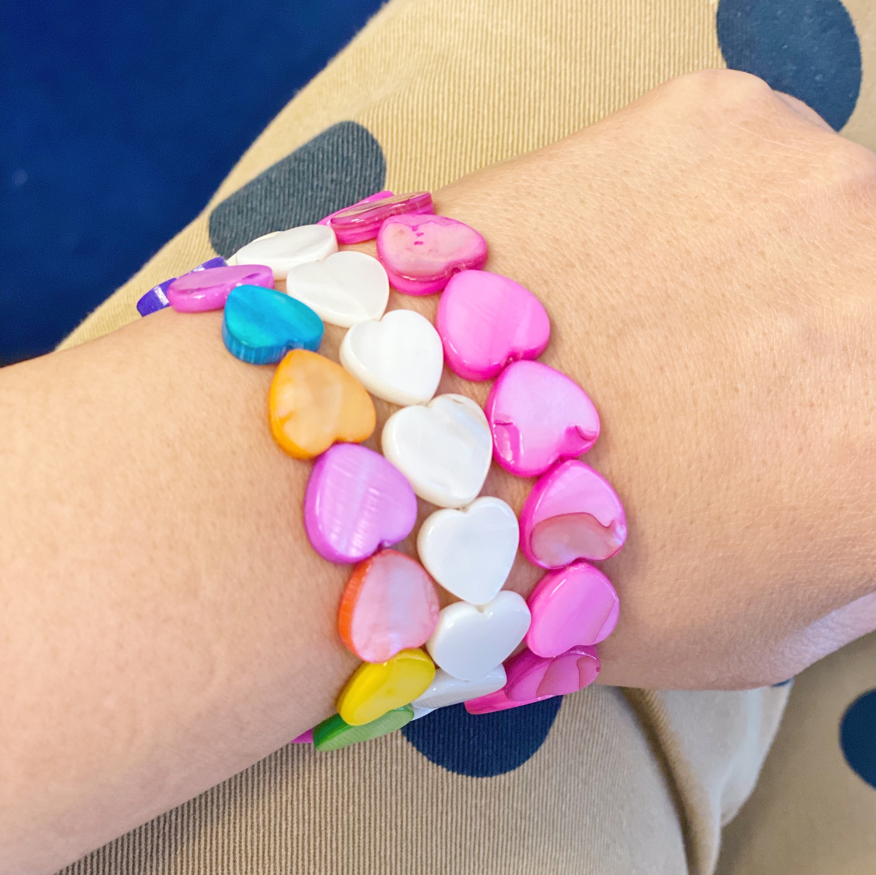 Colorful Shelly Heart Stretch Bracelet featuring heart-shaped shell beads in various hues, designed for comfort and style.