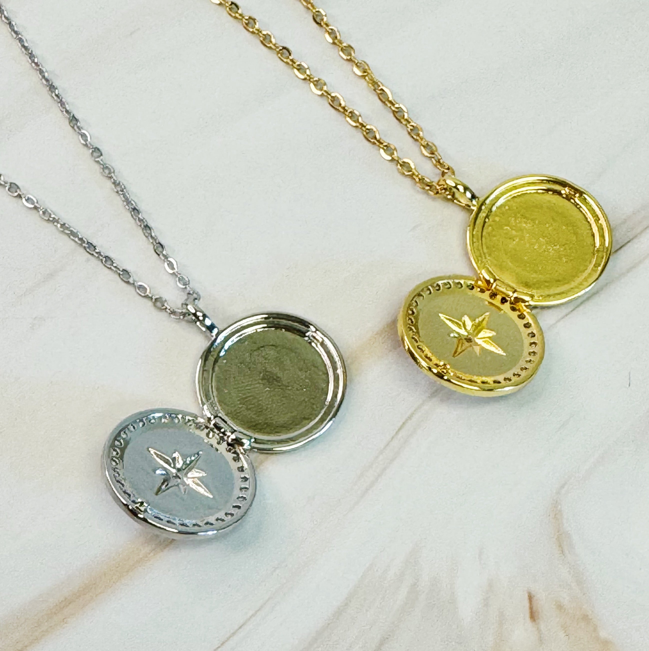 Shine Compass Open Locket Pendant Necklace featuring a round locket with a compass symbol and shiny stones, elegantly designed on an 18-inch chain.