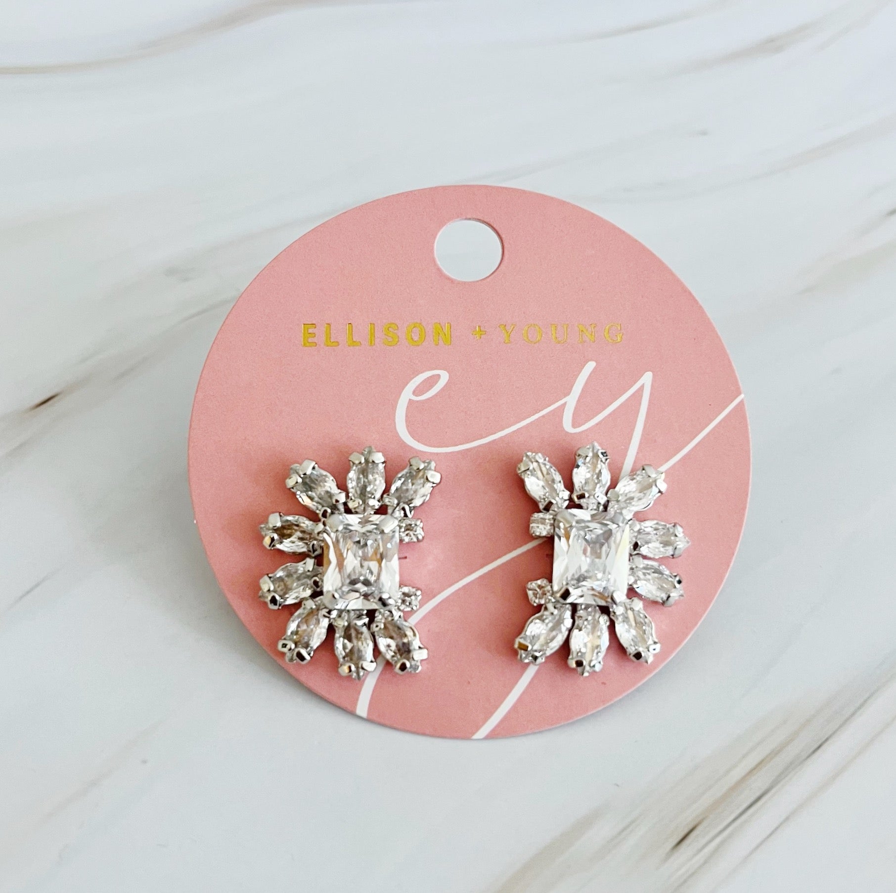 Shine Crusted Jewel Stud Earrings featuring sparkling glass stones on rhodium plated brass, elegantly designed for versatile styling.