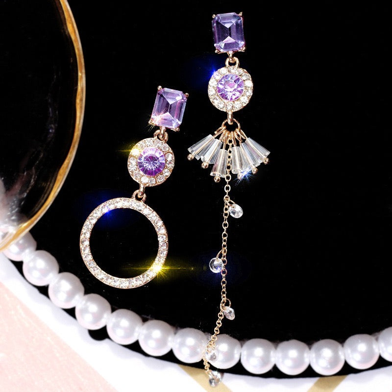 Shining Asymmetric Purple Earrings featuring square and circle shapes with tassels, adorned with rhinestones and crystals.