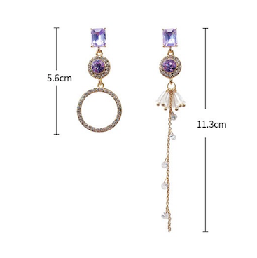 Shining Asymmetric Purple Earrings featuring square and circle shapes with tassels, adorned with rhinestones and crystals.