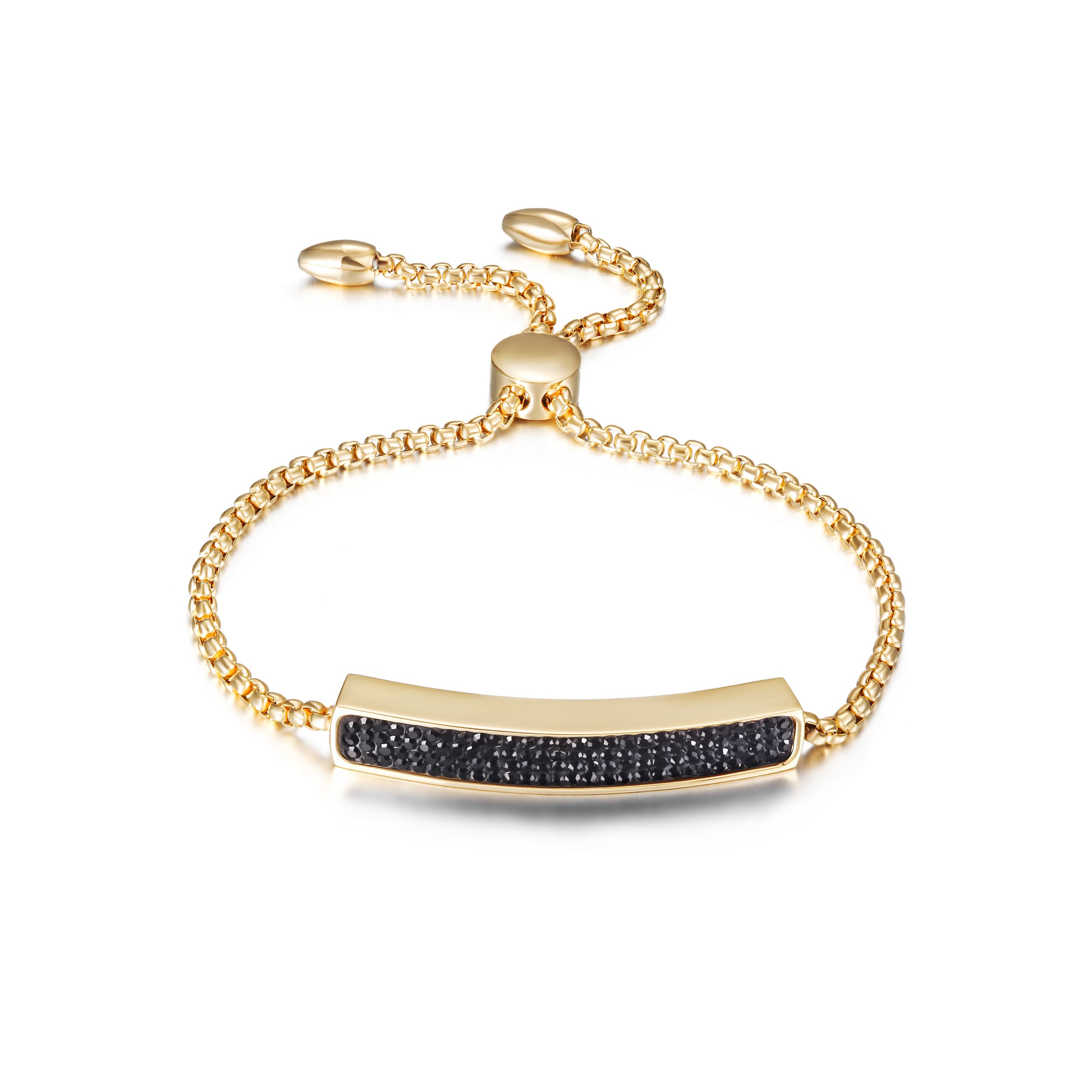 A shiny linear friendship bar bracelet made of 316L surgical stainless steel with 14K gold PVD plating, showcasing its elegant design.