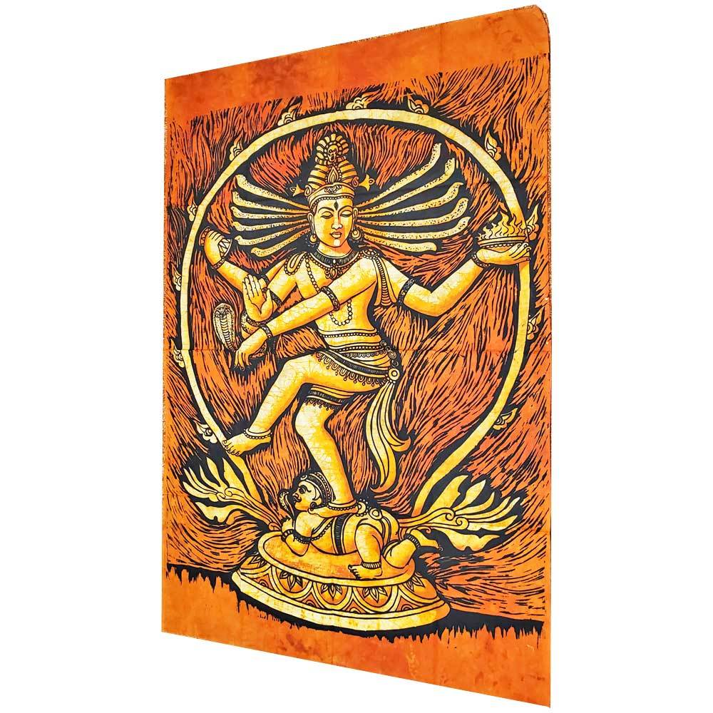 Shiva Nataraja tapestry showcasing intricate Batik design in vibrant colors, symbolizing the cosmic dance of creation and destruction.