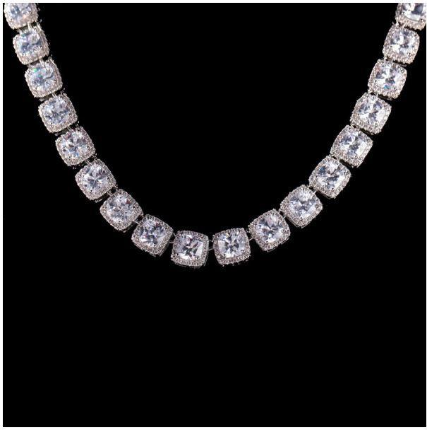 SHOWY 6MM Square Tennis Chain featuring Grade AAA Cubic Zircon, available in Rhodium and Gold plating, elegantly displayed on a neutral background.