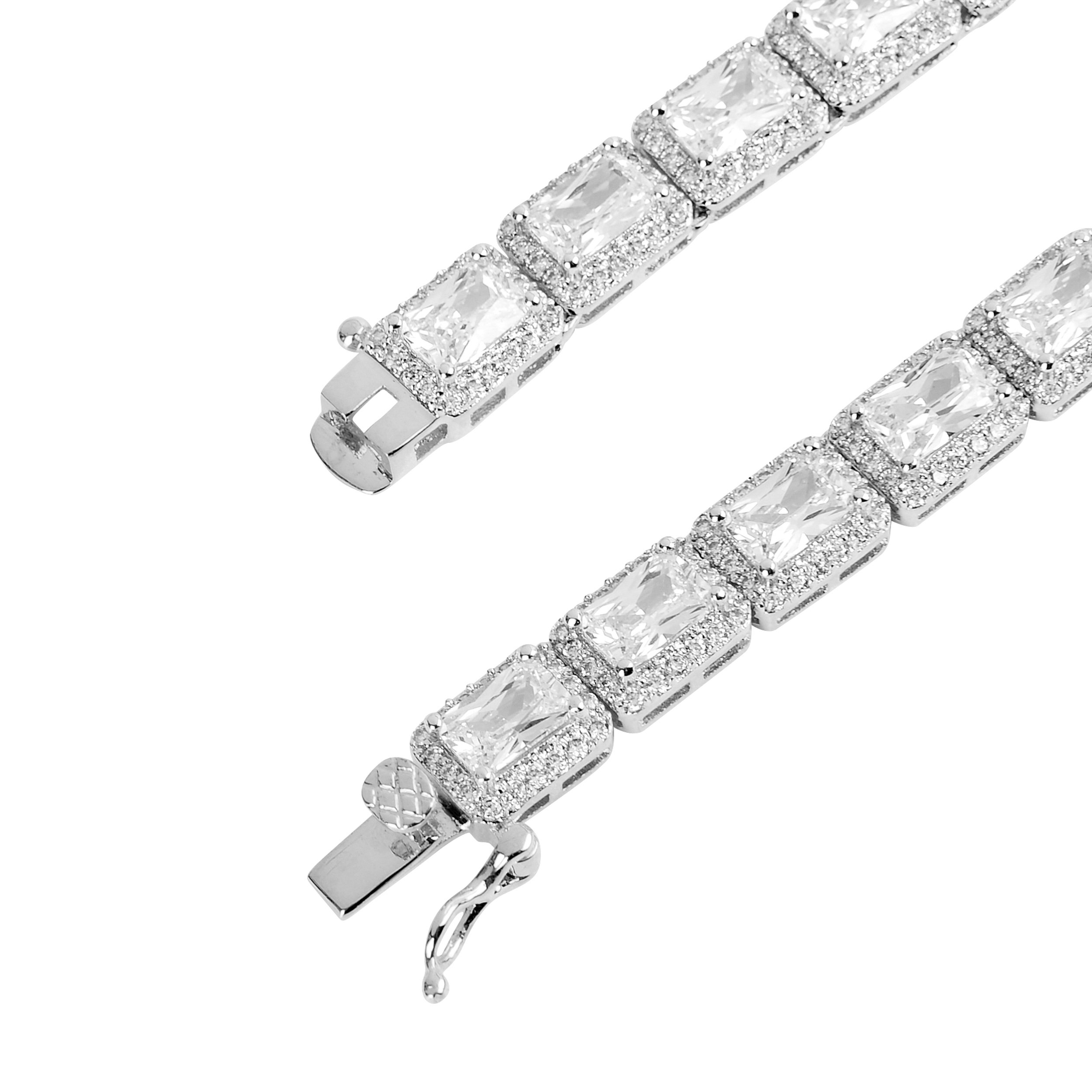 SHOWY Square Tennis Chain featuring Grade AAA Cubic Zircon, crafted from brass metal with a prong set design, available in rhodium and gold plating.