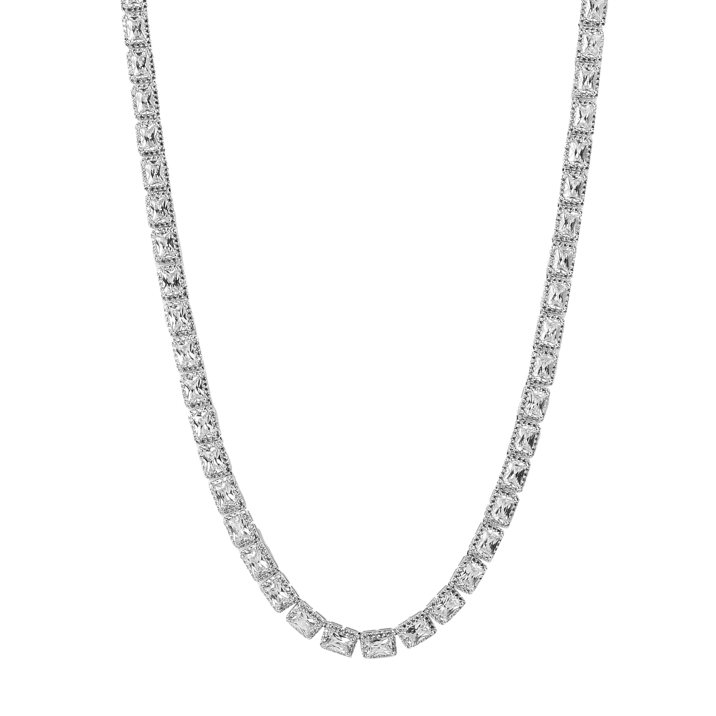 SHOWY Square Tennis Chain featuring Grade AAA Cubic Zircon, crafted from brass metal with a prong set design, available in rhodium and gold plating.