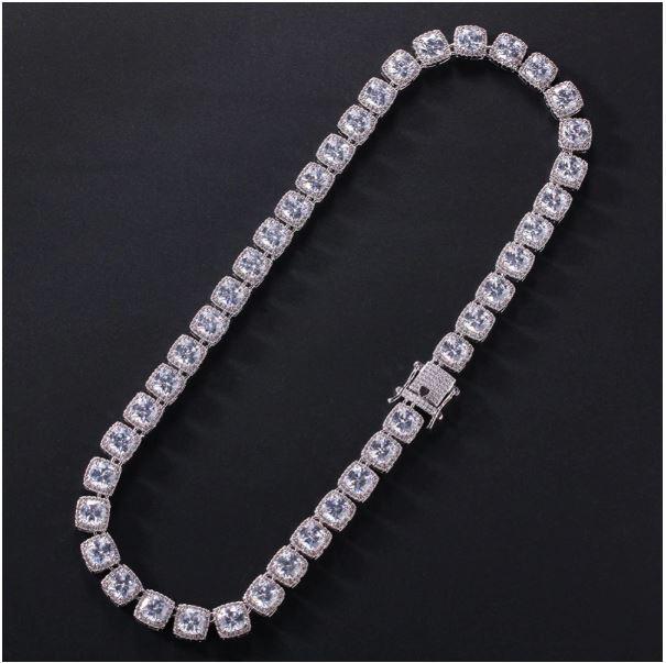 SHOWY Square Tennis Chain featuring Grade AAA Cubic Zircon, crafted from brass with rhodium and gold plating options.