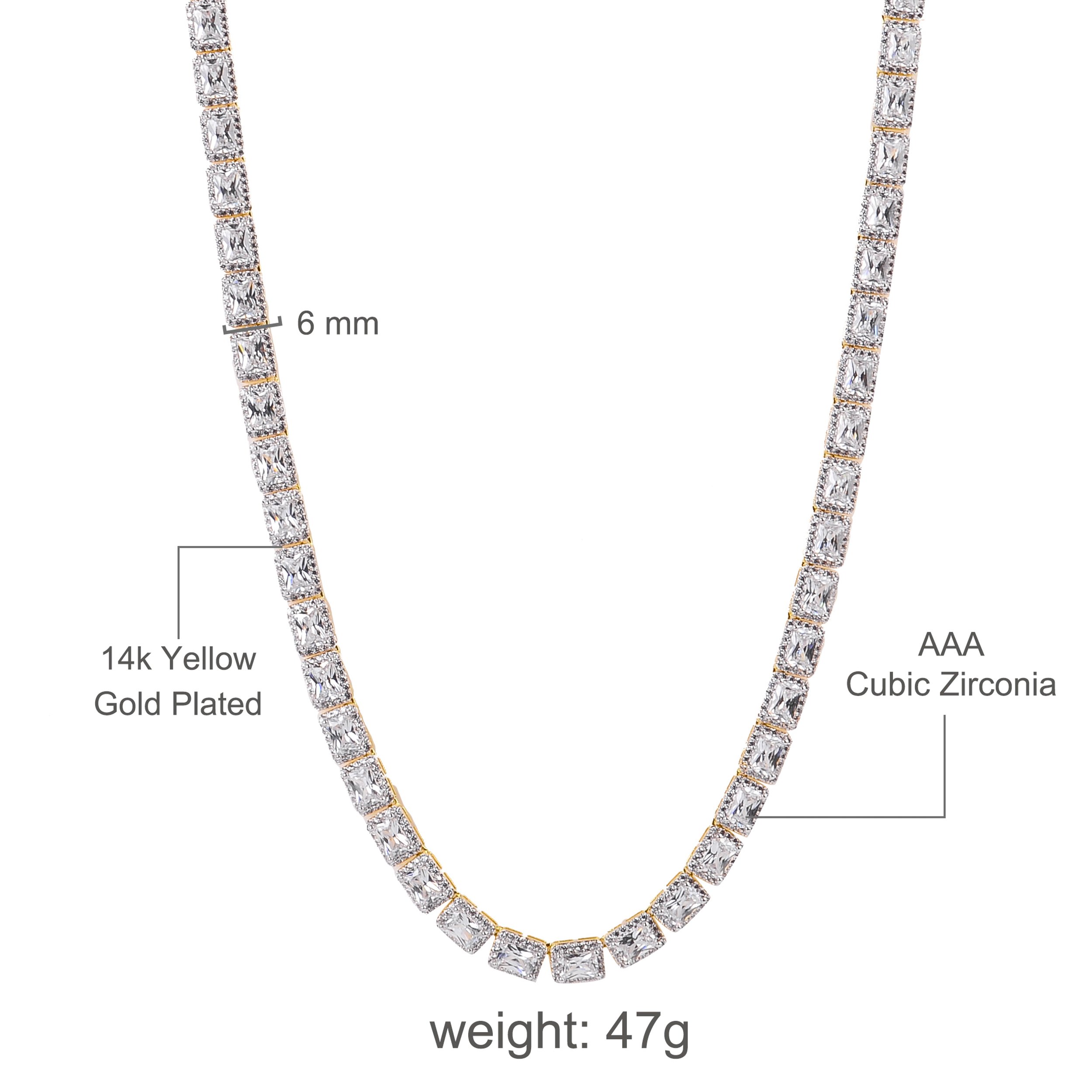 SHOWY Square Tennis Chain featuring Grade AAA Cubic Zircon, crafted from brass with rhodium and gold plating options.