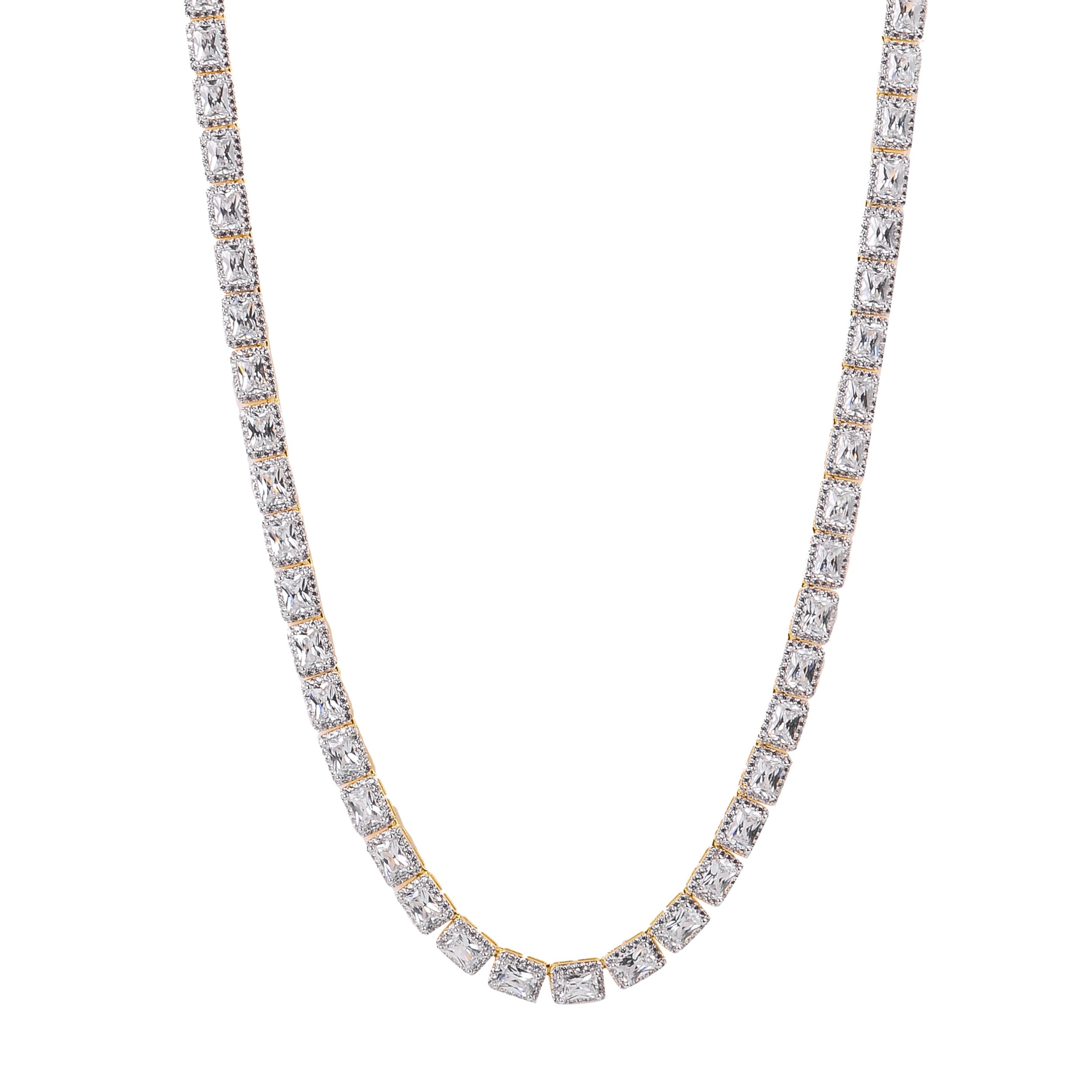 SHOWY Square Tennis Chain featuring Grade AAA Cubic Zircon, crafted from brass with rhodium and gold plating options.