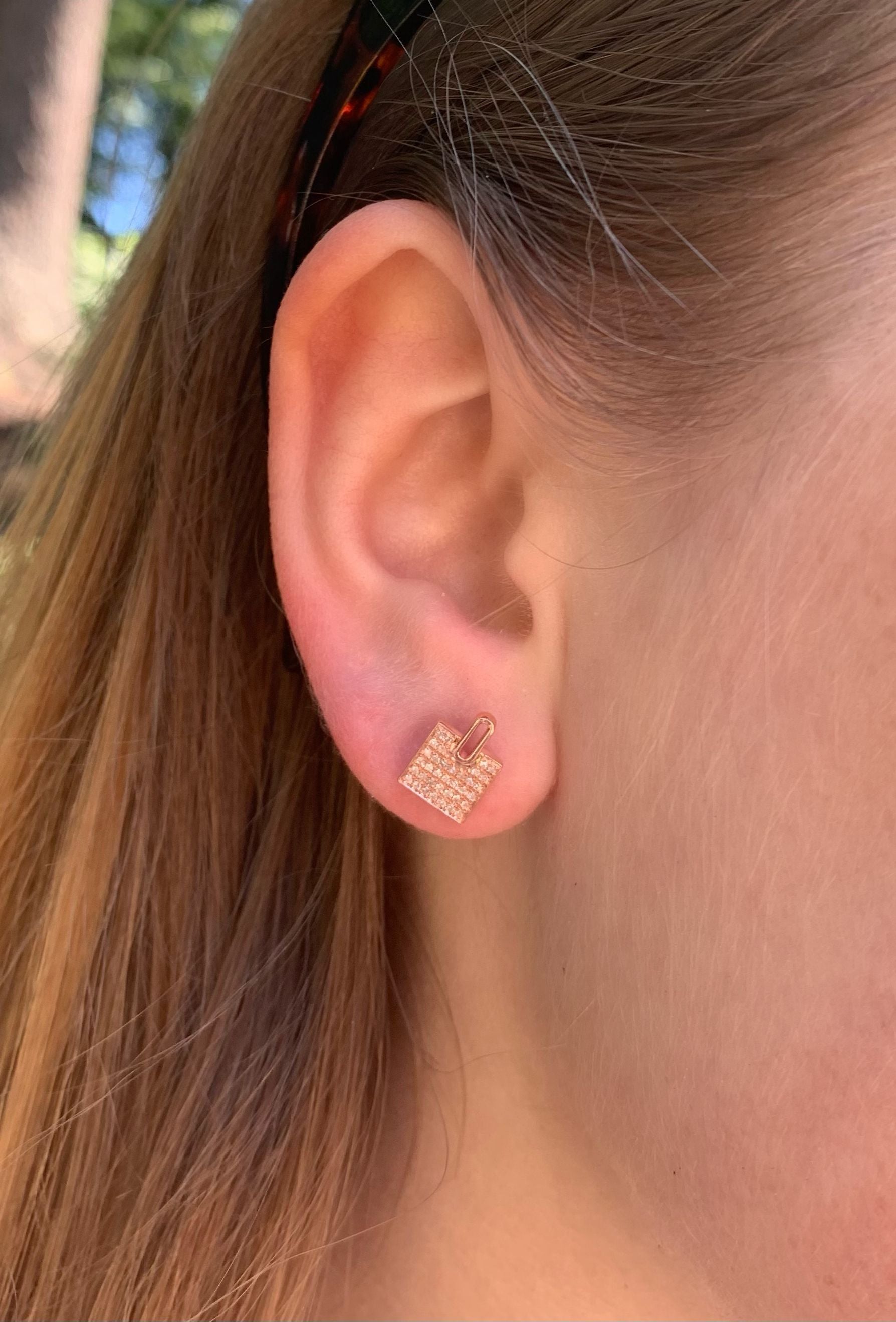 Elegant Sidewalk Square Diamond Stud Earrings in 14K Rose Gold Vermeil, featuring genuine diamonds set in a micro pave design.