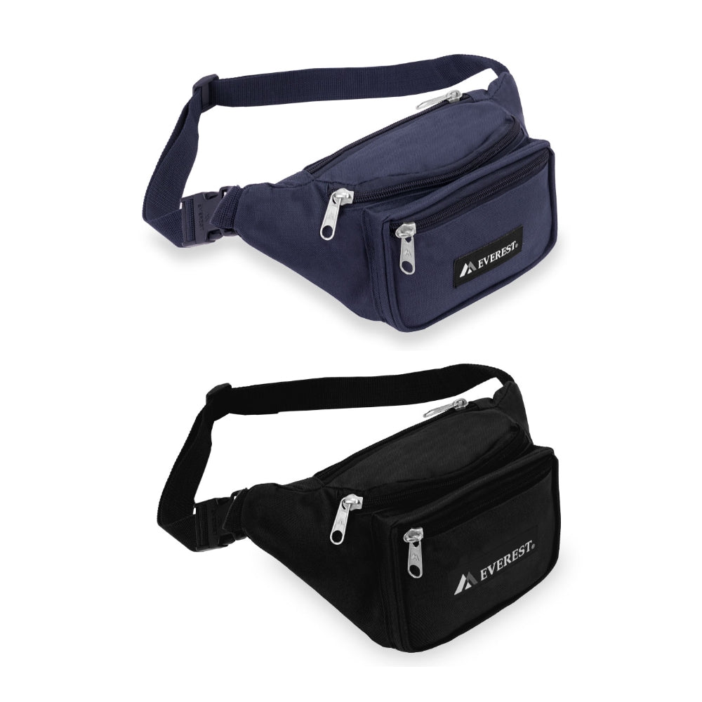 Signature Waist Pack - Medium in black, featuring three zippered compartments and a snap waist buckle, made from durable 600D polyester.