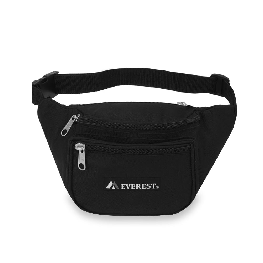 Signature Waist Pack - Medium in black, featuring three zippered compartments and a snap waist buckle, made from durable 600D polyester.