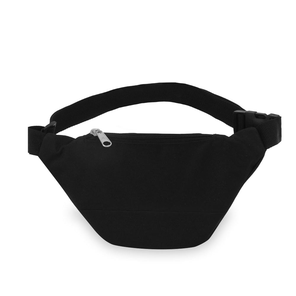 Signature Waist Pack - Medium in black, featuring three zippered compartments and a snap waist buckle, made from durable 600D polyester.