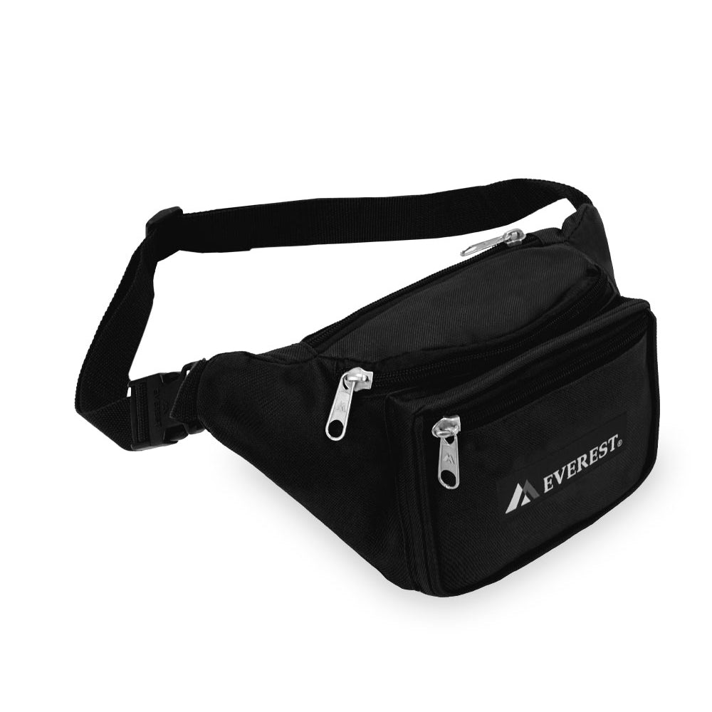 Signature Waist Pack - Medium in black, featuring three zippered compartments and a snap waist buckle, made from durable 600D polyester.