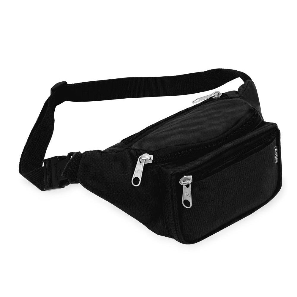 Signature Waist Pack Tab Label Small in black, featuring three zippered compartments and a snap waist buckle, made from durable 600D polyester.