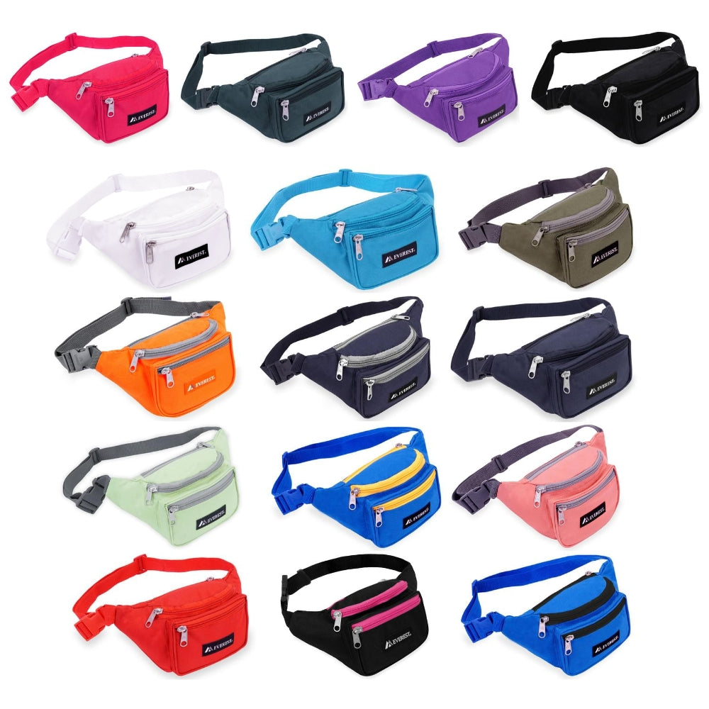 A stylish Signature Waist Pack in various colors, featuring three zippered compartments and an adjustable snap waist buckle.