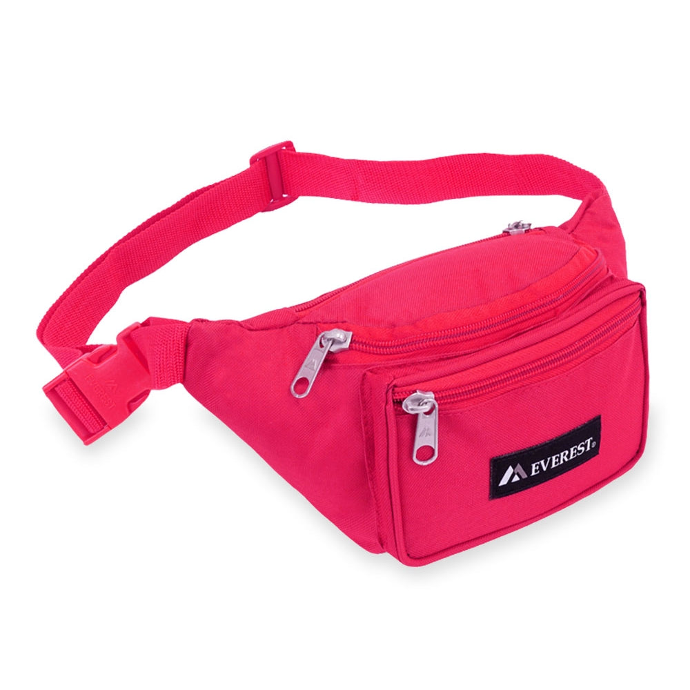 A stylish Signature Waist Pack in various colors, featuring three zippered compartments and an adjustable snap waist buckle.