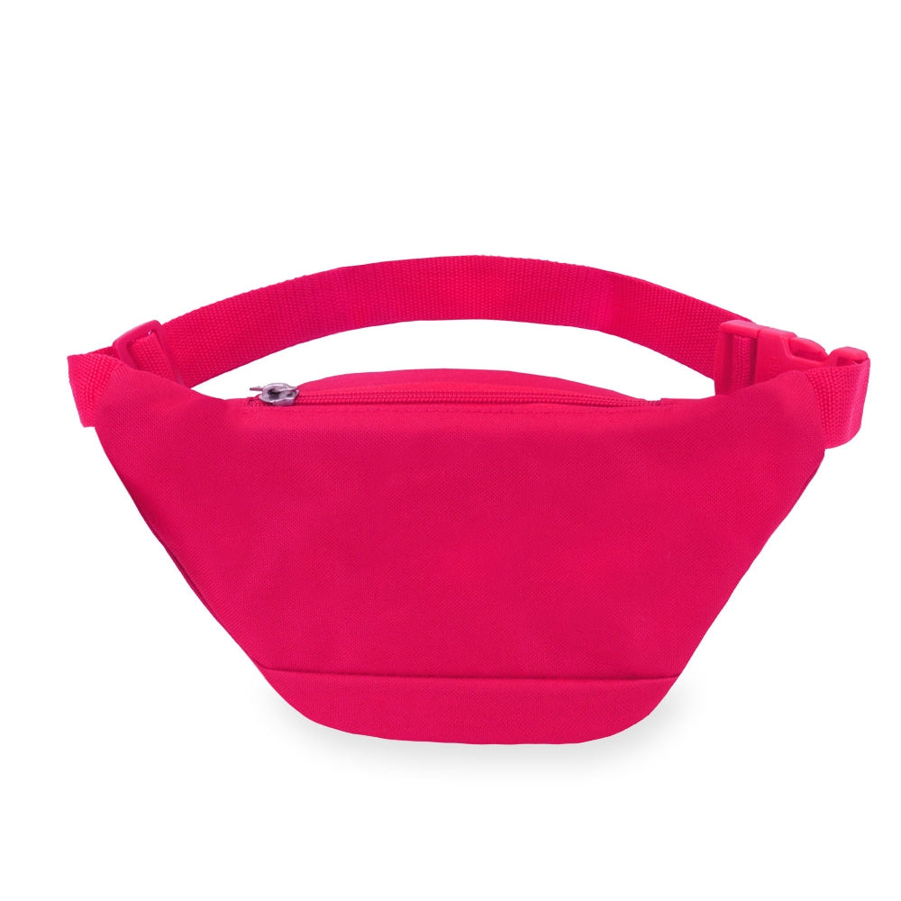 A stylish Signature Waist Pack in various colors, featuring three zippered compartments and an adjustable snap waist buckle.