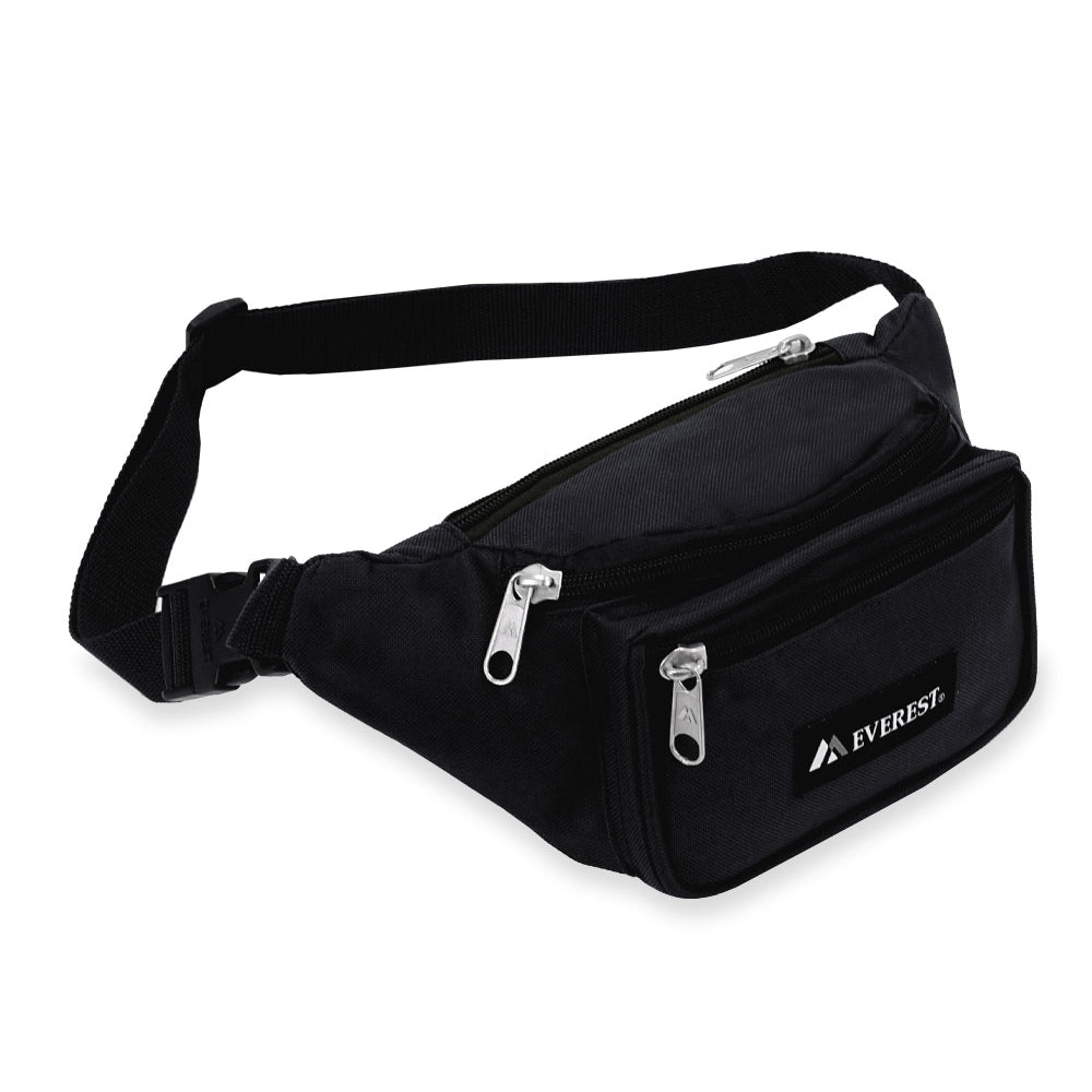 A stylish Signature Waist Pack in various colors, featuring three zippered compartments and an adjustable snap waist buckle.