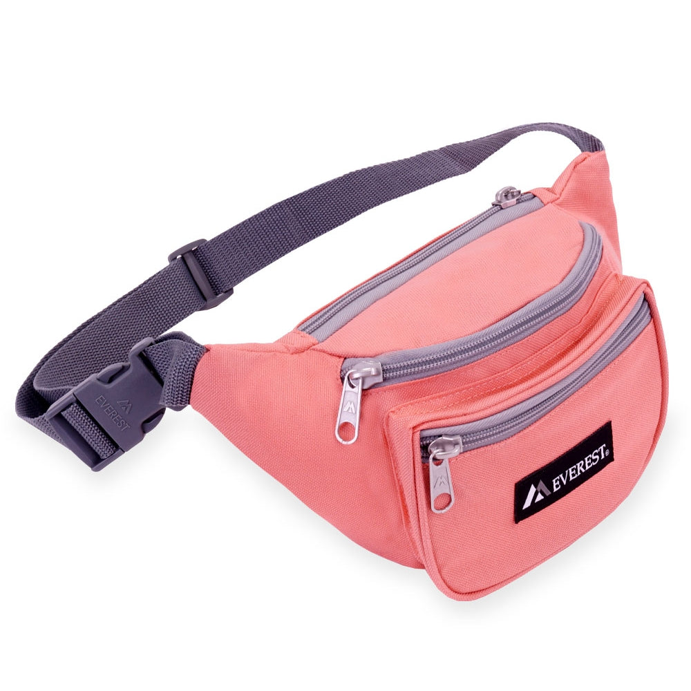 A stylish Signature Waist Pack in various colors, featuring three zippered compartments and an adjustable snap waist buckle.