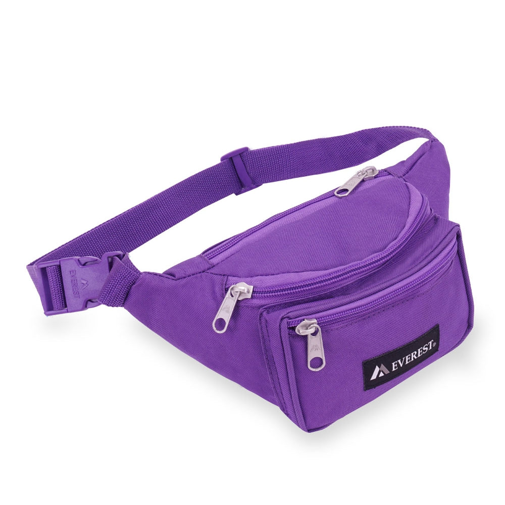 A stylish Signature Waist Pack in various colors, featuring three zippered compartments and an adjustable snap waist buckle.