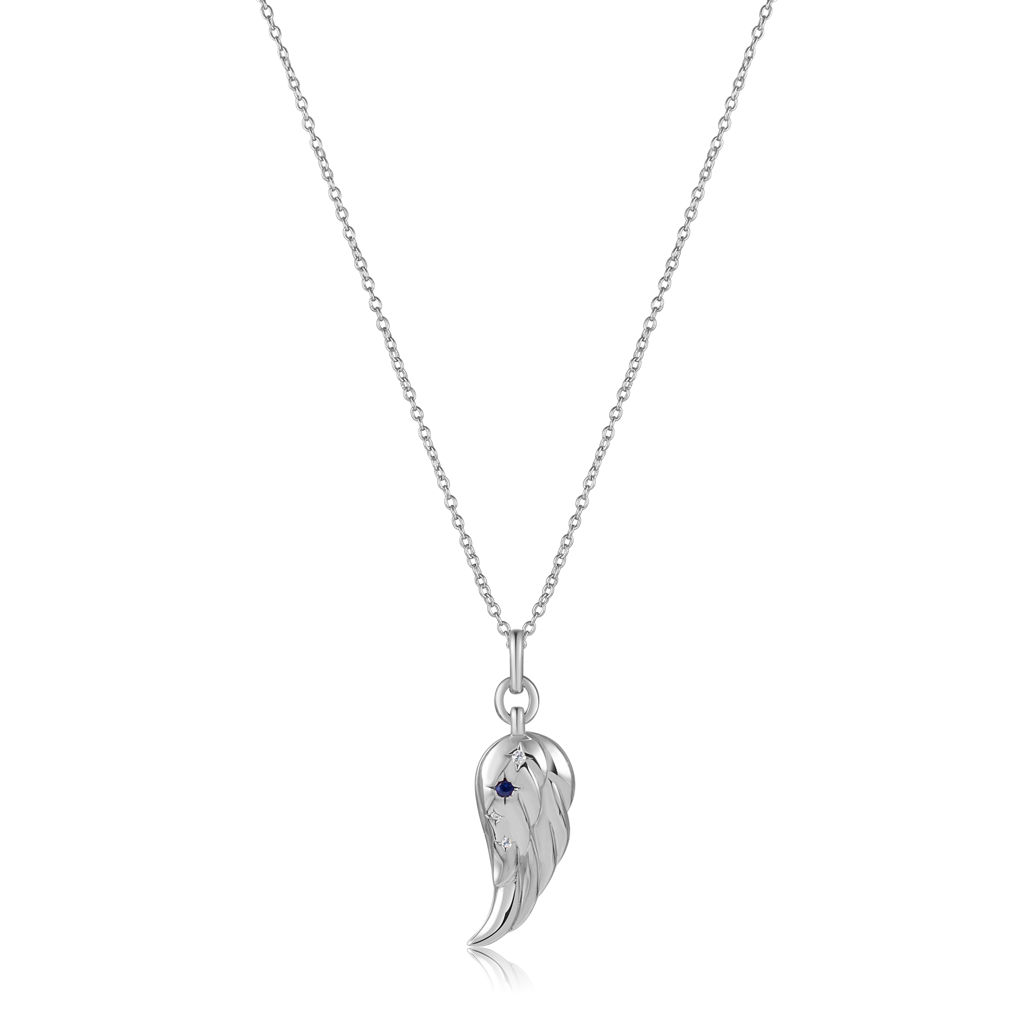 A beautiful silver necklace featuring intricately designed angel wings, symbolizing protection and remembrance.