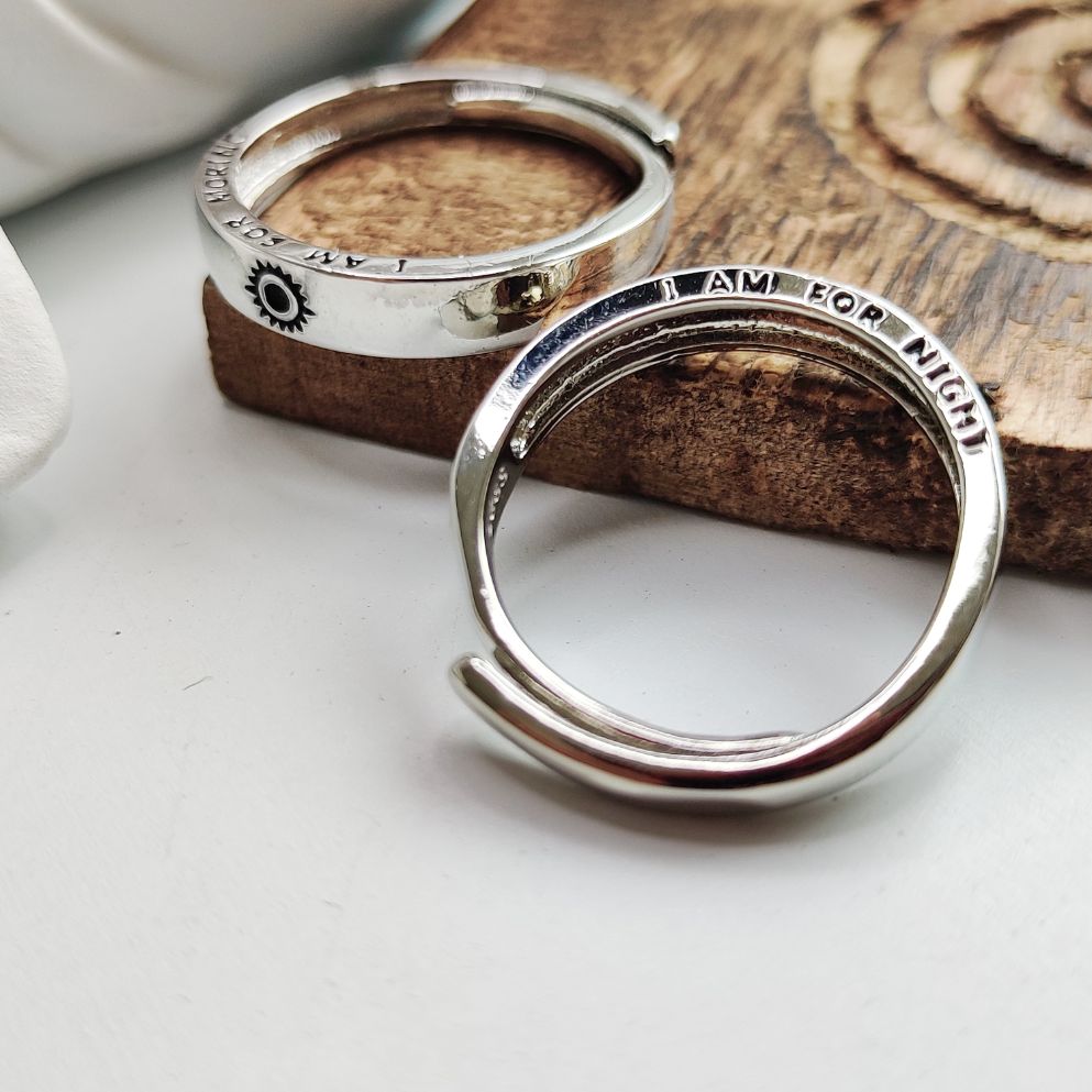 Silver Couple Moon and Sun Promise Adjustable Ring set showcasing elegant design and luxurious silver plating.